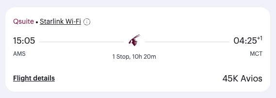 Je kunt met Qatar Airways voor 45000 punten naar Muscat (in de beste business class)